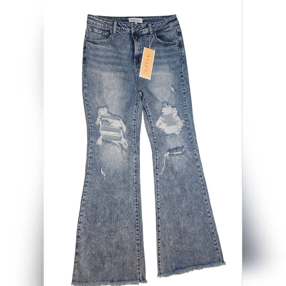 RISEN Medium Acid Wash High Rise Distressed Flare Jeans 15/32